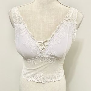 New Mix Mesh & Lace Up Crop Top M/L - White- NEW
